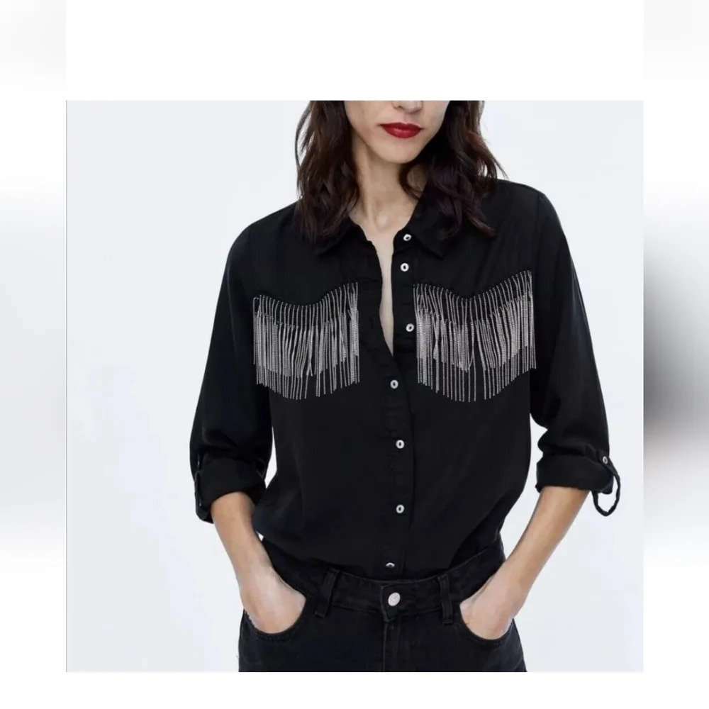 ZARA Black button up rhinestone fringe western shirt. Size XS